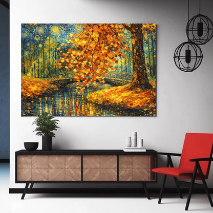 A horizontal landscape art print in the style of Gustav Klimt. A large tree with shimmering golden and orange mosaic-style leaves hangs over a dark blue pond. An ornate black bridge with golden spiral patterns crosses the water in the background. The sky is filled with stylized yellow swirls and stars. The ground is covered in golden leaves, and the entire scene is rich with decorative textures and vibrant metallic tones.