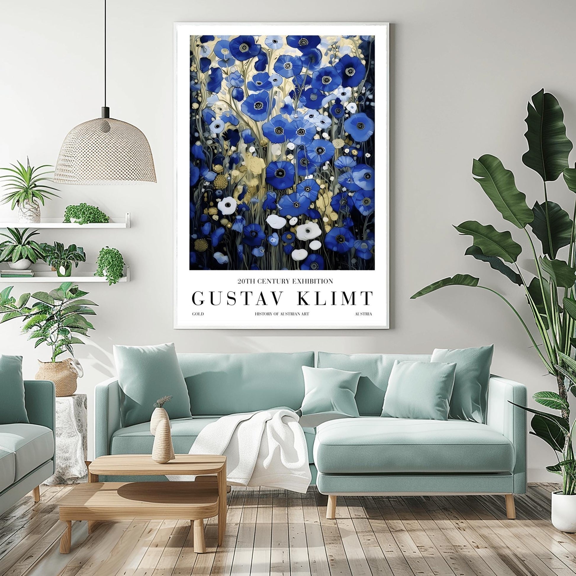 A vertical, highly detailed oil painting in the style of Gustav Klimt. The image is filled with a dense field of blue poppies in shades of cobalt, navy, and light blue. The flowers have dark centers and are surrounded by abstract cream and amber foliage. The brushwork is thick and textured, giving the appearance of a rich mosaic tapestry of flowers.