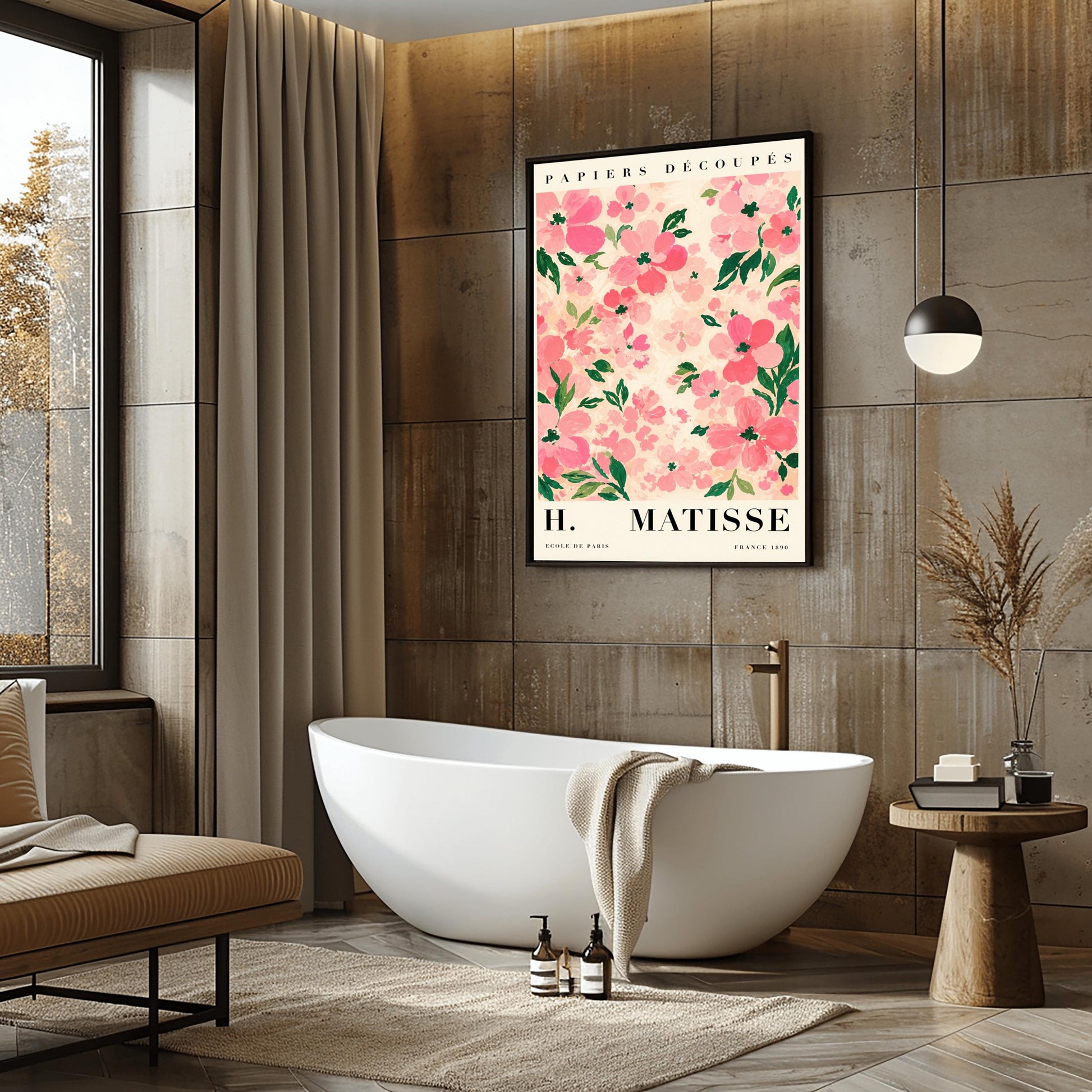 A vertical art print styled as a Henri Matisse exhibition poster. The central image is a dense pattern of soft pink and rose-colored flowers with dark green leaves on a cream-colored background. The flowers are painted with visible, textured brushstrokes. Above the image, the words "PAPIERS DÉCOUPÉS" are written in a black serif font. Below the image, the text reads "H. MATISSE" in large letters, with "ECOLE DE PARIS" and "FRANCE 1890" in smaller text at the bottom.