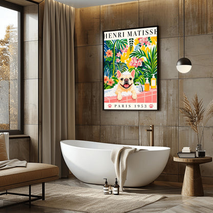 A vertical fine art exhibition poster in the style of Henri Matisse featuring a wide cream border. Bold black text reads "HENRI MATISSE" at the top and "PARIS 1953" at the bottom with two pink paw prints. The colorful painting inside depicts a cream French bulldog sitting in a bubble bath behind a pink tiled ledge, surrounded by a dense backdrop of green and blue tropical leaves, pink flowers, and yellow patterns.
