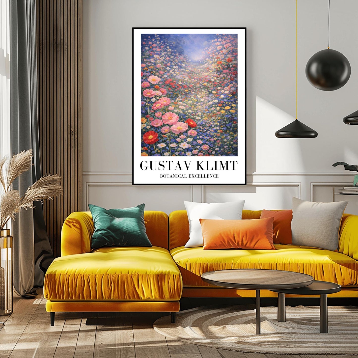 A vertical fine art landscape in the style of Gustav Klimt. A vast valley is filled with a dense sea of pink, red, blue, and white wildflowers. Large pink poppies are in the foreground, and the field stretches back to a hazy, sun-drenched horizon under a soft blue sky.
