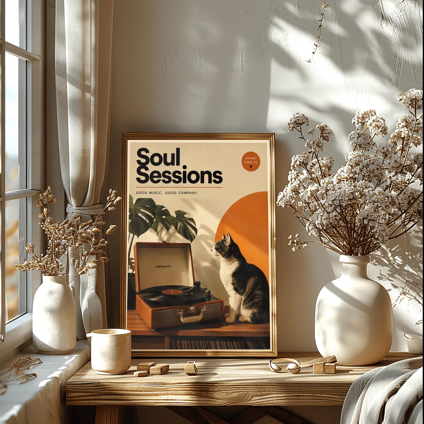 A vertical retro fine art poster titled "Soul Sessions" on a wide cream border. The design features a bold black heading at the top above the text "GOOD MUSIC. GOOD COMPANY." In the central artwork, a black and white tuxedo cat sits contentedly next to an open tan Crosley record player spinning a vinyl record. A large orange sun shape and a monstera plant decorate the background.