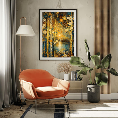 A vertical, highly detailed oil painting in the style of Gustav Klimt. A forest of slender birch trees with textured gold-leaf bark stands before a calm blue lake. A bright, glowing sun is centered in the background, reflecting a shimmering golden path on the water. The scene is filled with stylized, circular flowers in cream, gold, and deep blue. The overall style is rich in mosaic-like textures and opulent gold accents.