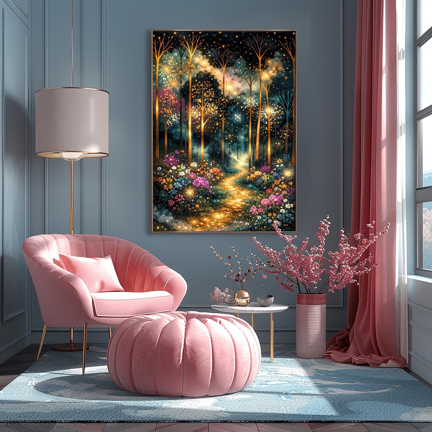A vertical, highly detailed painting in the style of Gustav Klimt. Slender, glowing gold trees rise from a vibrant meadow of colorful wildflowers in pink, purple, and white. A sparkling, bright golden path leads through the center of the dark, atmospheric forest. The air is filled with glowing golden dots and fireflies, creating a magical, textured mosaic effect.