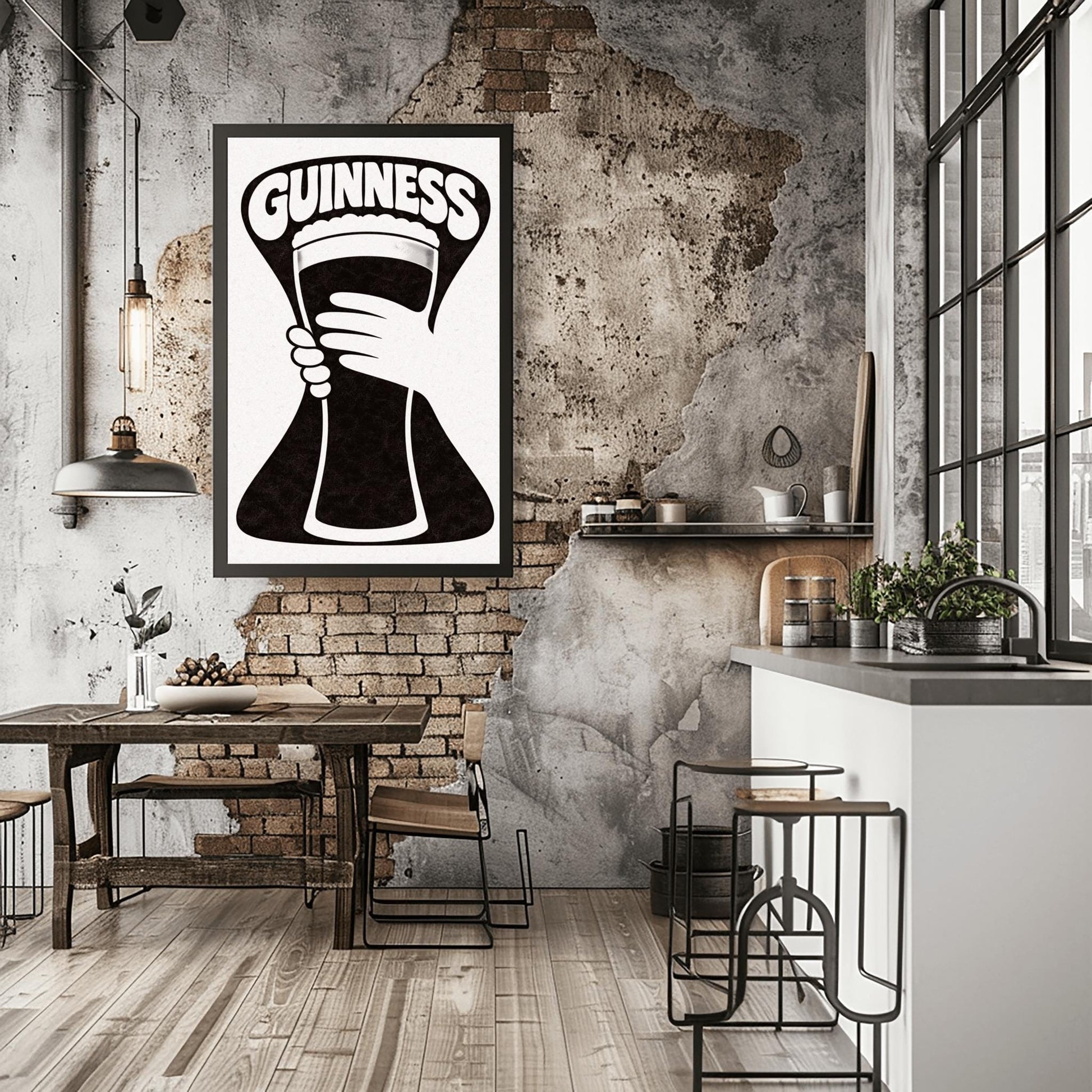 A vertical minimalist graphic in black and white. A large, black hourglass-shaped background features a white hand silhouette holding a pint glass made of negative space. The word "GUINNESS" is arched in bold white text at the top.
