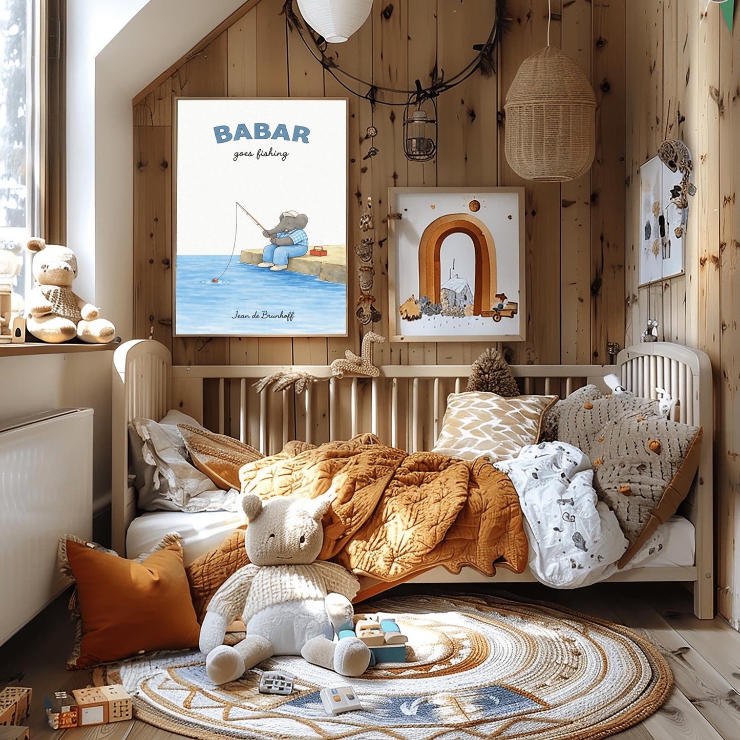 A vertical art print titled "BABAR goes fishing" in large blue letters. A grey elephant sits on a tan rocky pier overlooking blue water. He is wearing a blue and white checkered shirt, light blue overalls, and a white cap. He holds a thin fishing rod, and his line is in the water with a small red bobber. A red tackle box sits on the dock behind him. The name "Jean de Brunhoff" is at the bottom.
