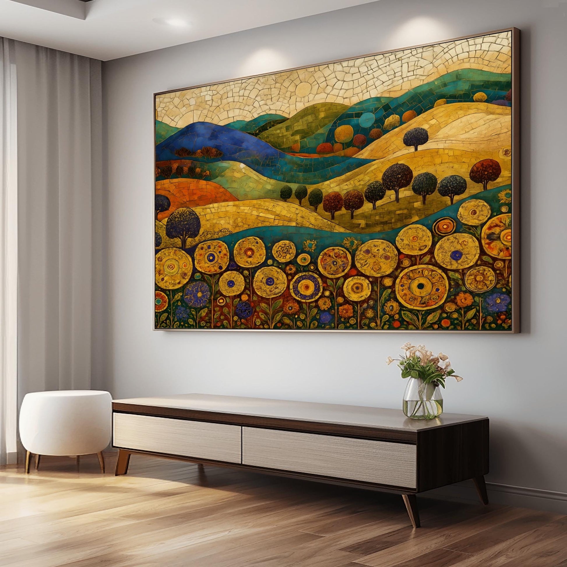 A horizontal fine art painting in the style of Gustav Klimt. Rolling hills in shades of blue, green, and orange are rendered with mosaic tile textures. In the foreground, a row of large, stylized golden sunflowers with intricate geometric centers stands tall. Small, rounded dark trees are scattered across the landscape under a cream-colored mosaic sky.