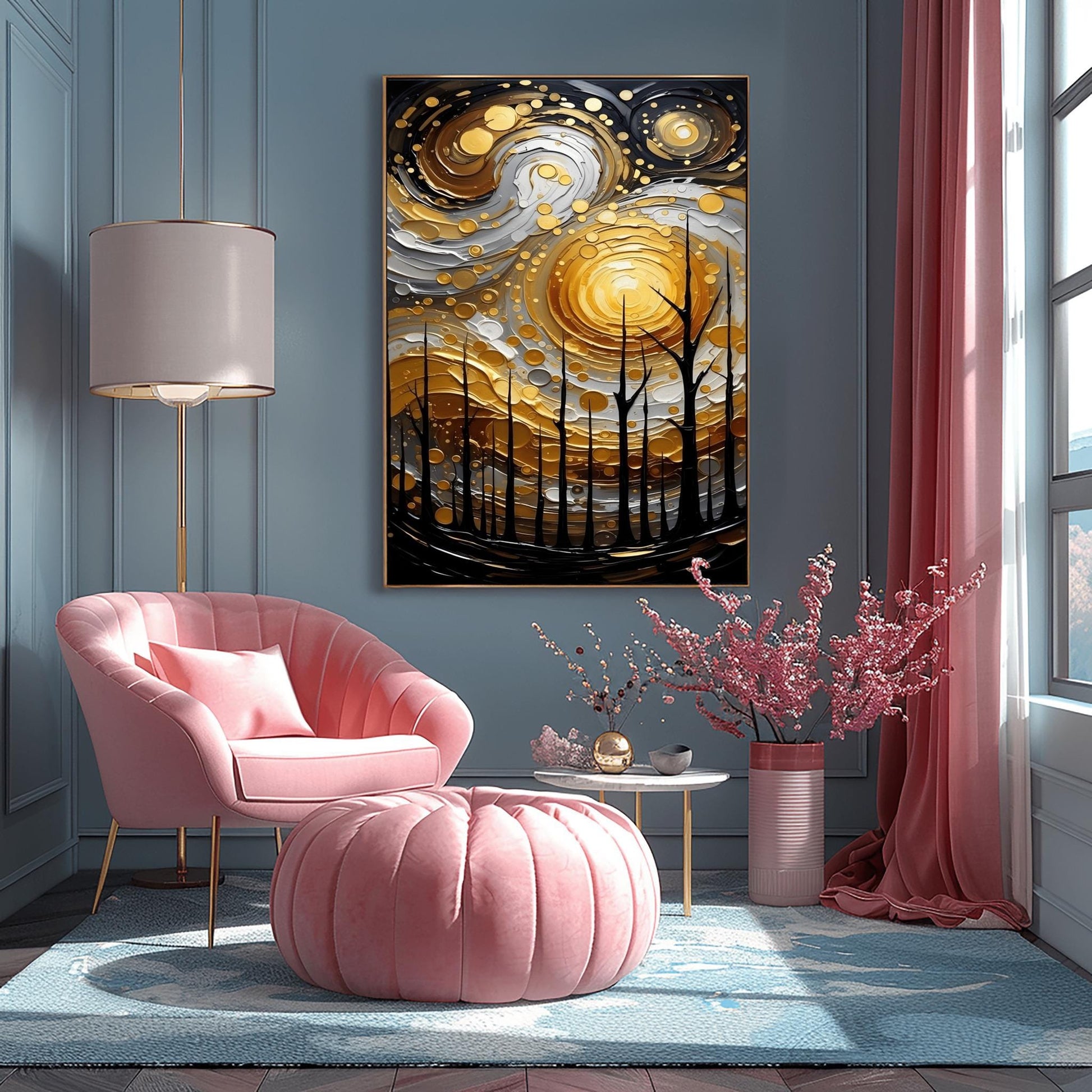 A vertical abstract painting in the style of Gustav Klimt. A group of black, silhouetted tree trunks stand in the foreground against a massive, swirling sun composed of concentric rings of gold, silver, and cream. The background is a dark, moody grey. The style features heavy, thick paint textures and metallic-looking circular accents scattered throughout.