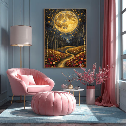 A vertical fine art painting in the style of Gustav Klimt. A massive, textured golden moon fills the upper half of a dark, starlit sky. Below, a winding golden path leads through a lush field of colorful wildflowers including pink, red, and white blooms. Slender birch trees with gold accents frame the meadow. The style is highly decorative with mosaic patterns and shimmering light effects.