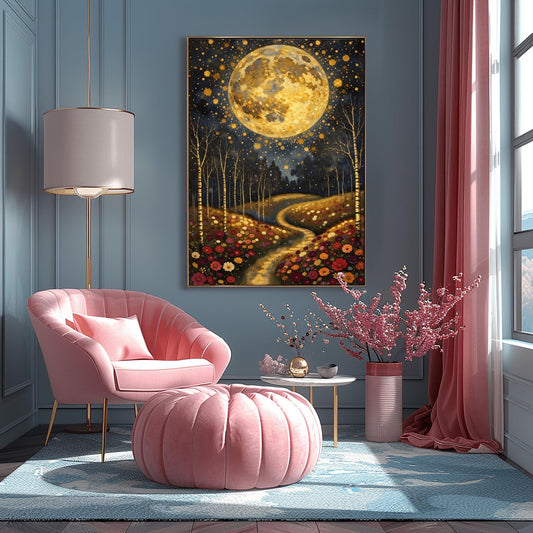 A vertical fine art painting in the style of Gustav Klimt. A massive, textured golden moon fills the upper half of a dark, starlit sky. Below, a winding golden path leads through a lush field of colorful wildflowers including pink, red, and white blooms. Slender birch trees with gold accents frame the meadow. The style is highly decorative with mosaic patterns and shimmering light effects.