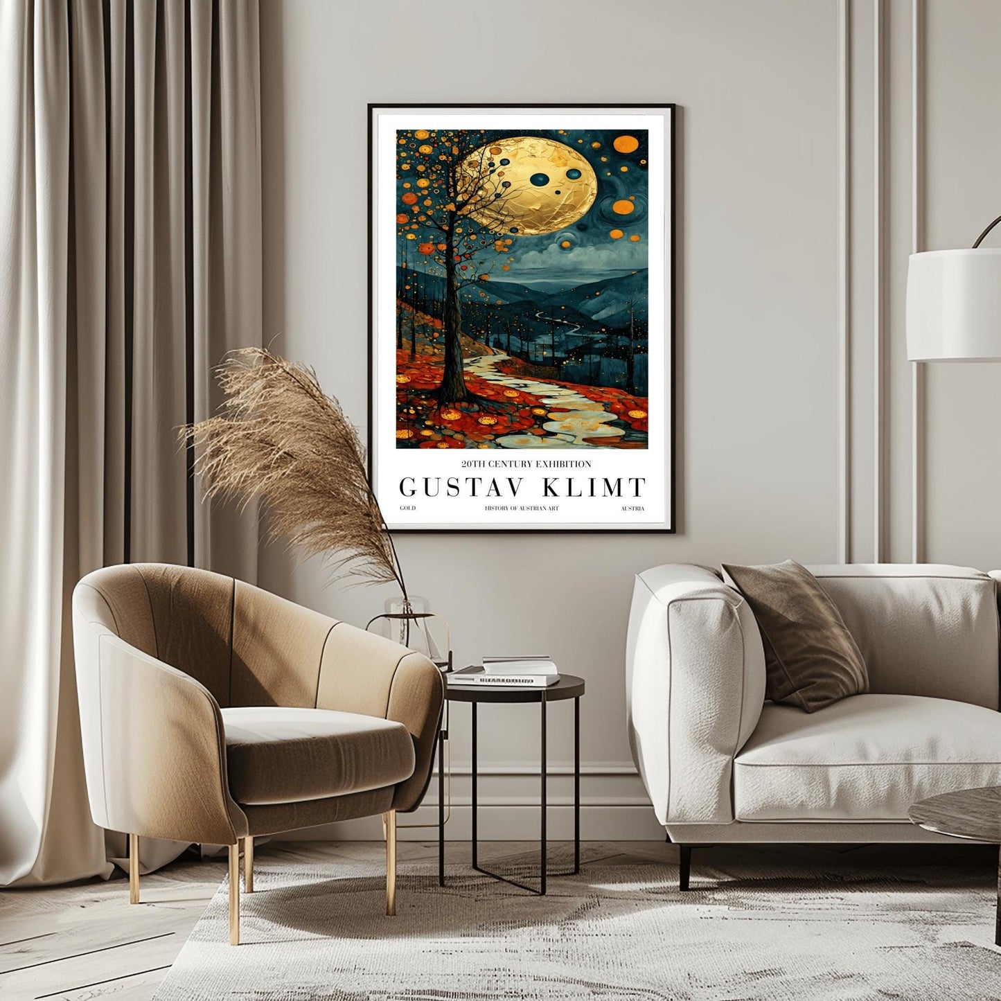 A vertical fine art painting in the style of Gustav Klimt. A massive, textured golden moon hangs in a dark, starlit sky above rolling teal mountains. A white, winding stone path leads through a foreground of orange and red autumn leaves. On the left, a slender tree is decorated with golden mosaic orbs. The overall style is rich in texture and golden ornamentation.