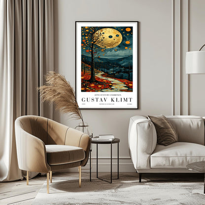 A vertical fine art painting in the style of Gustav Klimt. A massive, textured golden moon hangs in a dark, starlit sky above rolling teal mountains. A white, winding stone path leads through a foreground of orange and red autumn leaves. On the left, a slender tree is decorated with golden mosaic orbs. The overall style is rich in texture and golden ornamentation.