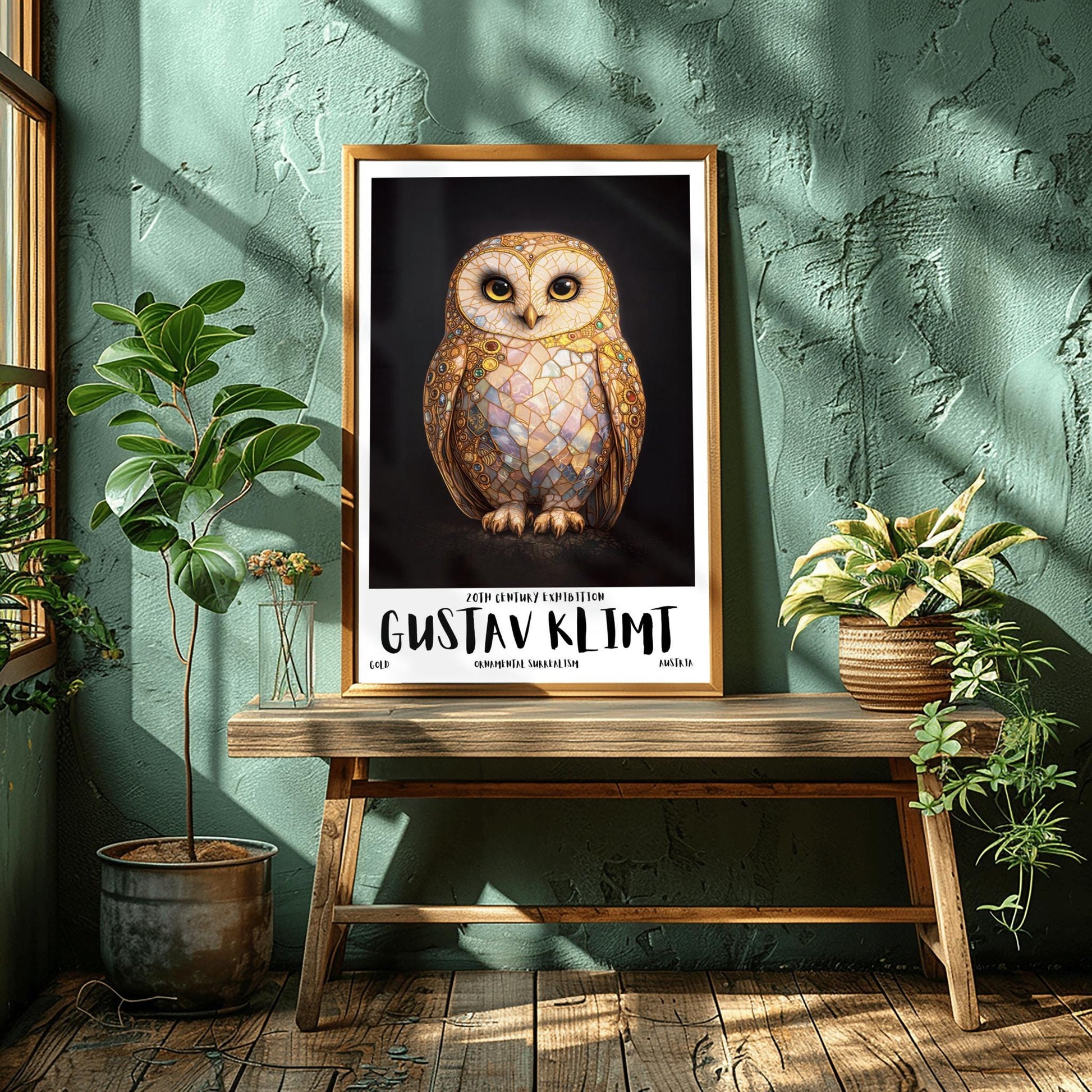 A vertical full-bleed illustration of a barn owl in the style of Gustav Klimt. The owl's body is a complex mosaic of gold, cream, and iridescent pastel tiles with small colorful gemstones embedded in the wings. It has large dark eyes and stands against a solid black background.