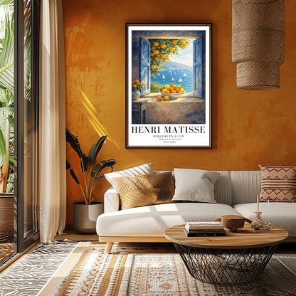 A vertical painterly illustration of an open window with blue shutters looking out at a sea with many sailboats. On the windowsill sits a large bowl overflowing with oranges. A branch with oranges hangs from the top, and a vase of yellow flowers is on a table to the left.