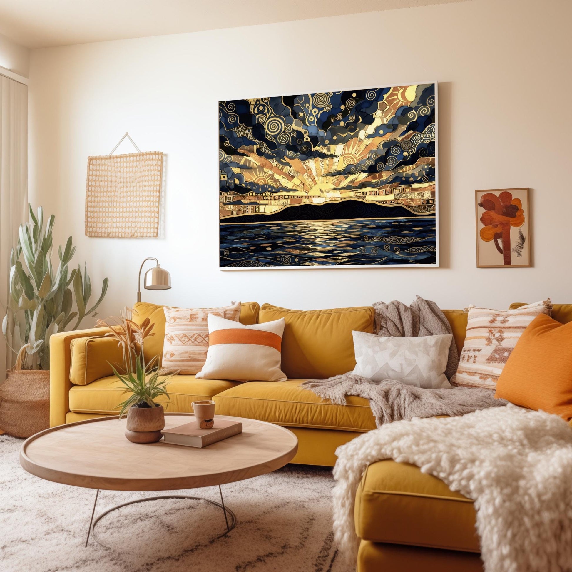 A horizontal fine art print in the style of Gustav Klimt. A golden sun sets behind a black mountain silhouette over a dark blue sea. The sky and water are filled with intricate gold leaf spirals, mosaic patterns, and geometric shapes. The color palette is a high-contrast blend of deep navy, charcoal, and radiant gold.