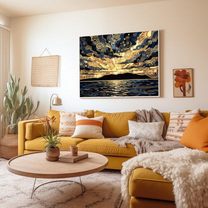 A horizontal fine art print in the style of Gustav Klimt. A golden sun sets behind a black mountain silhouette over a dark blue sea. The sky and water are filled with intricate gold leaf spirals, mosaic patterns, and geometric shapes. The color palette is a high-contrast blend of deep navy, charcoal, and radiant gold.