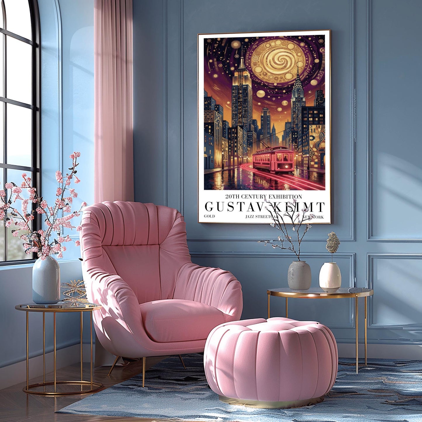A vertical museum exhibition poster in the style of Gustav Klimt. A glowing red streetcar travels down a New York City street toward the Empire State Building and Chrysler Building at night. The sky is dark purple with a massive golden mosaic moon. Bold black text at the bottom reads "GUSTAV KLIMT" and "JAZZ STREETCAR."