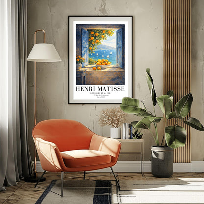 A vertical painterly illustration of an open window with blue shutters looking out at a sea with many sailboats. On the windowsill sits a large bowl overflowing with oranges. A branch with oranges hangs from the top, and a vase of yellow flowers is on a table to the left.