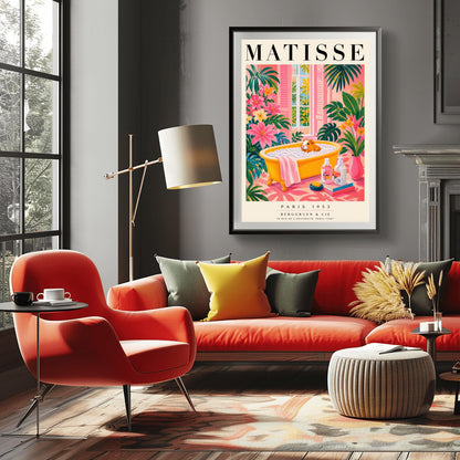 A vertical maximalist art print styled as a Henri Matisse exhibition poster. A small orange and white guinea pig sits in a bright yellow clawfoot bathtub filled with white bubbles. The bathroom is vibrant with pink walls and a pink patterned floor. Lush green monstera plants and pink flowers frame the scene. In the foreground, soap bottles sit on a stack of books next to a pink vase. An open window with pink shutters shows tropical trees in the background.