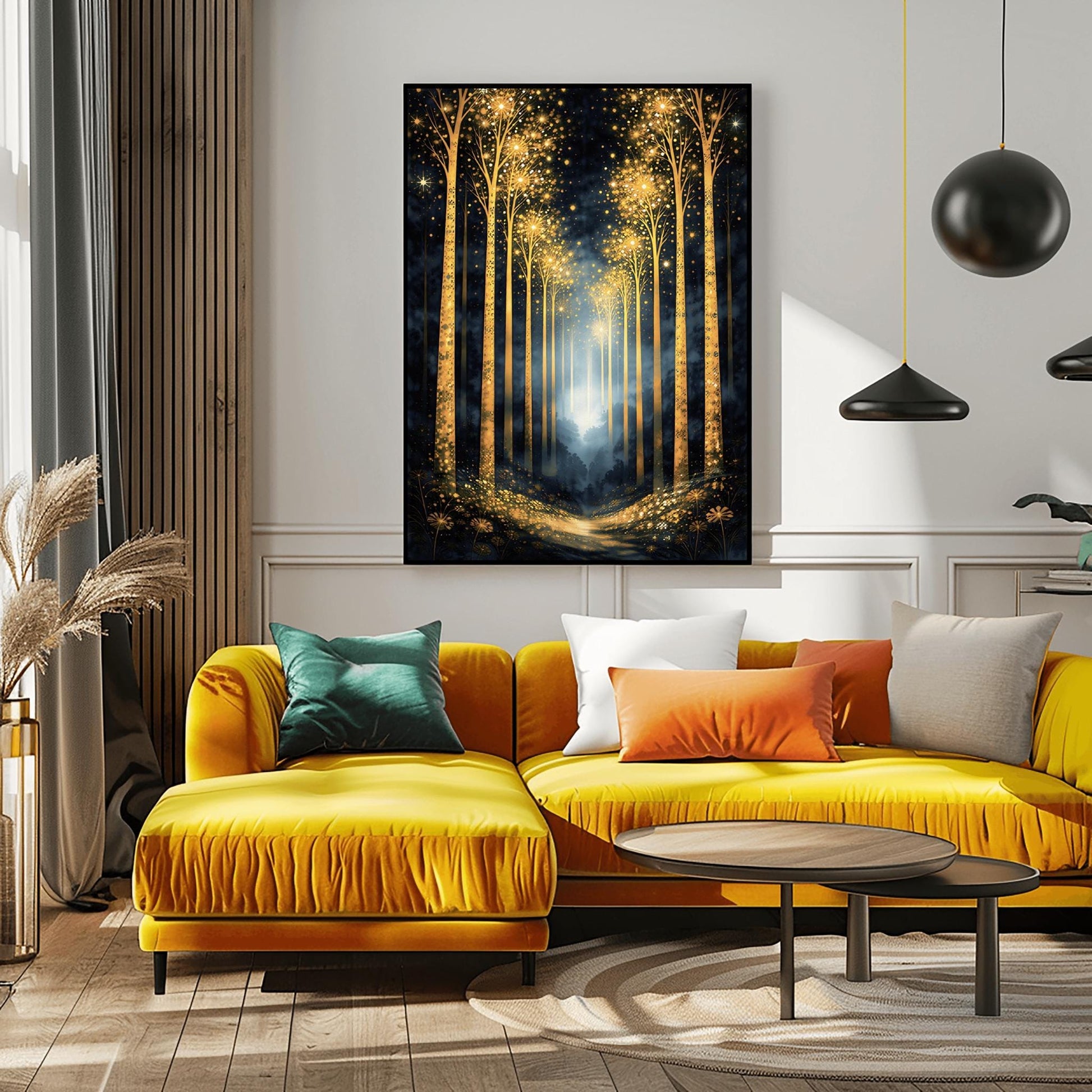 A vertical full-bleed illustration of a birch forest at night in the style of Gustav Klimt. The slender trunks are covered in golden patterns, and the tops of the trees explode into golden sparks and stars. A glowing golden path leads into a misty blue distance.