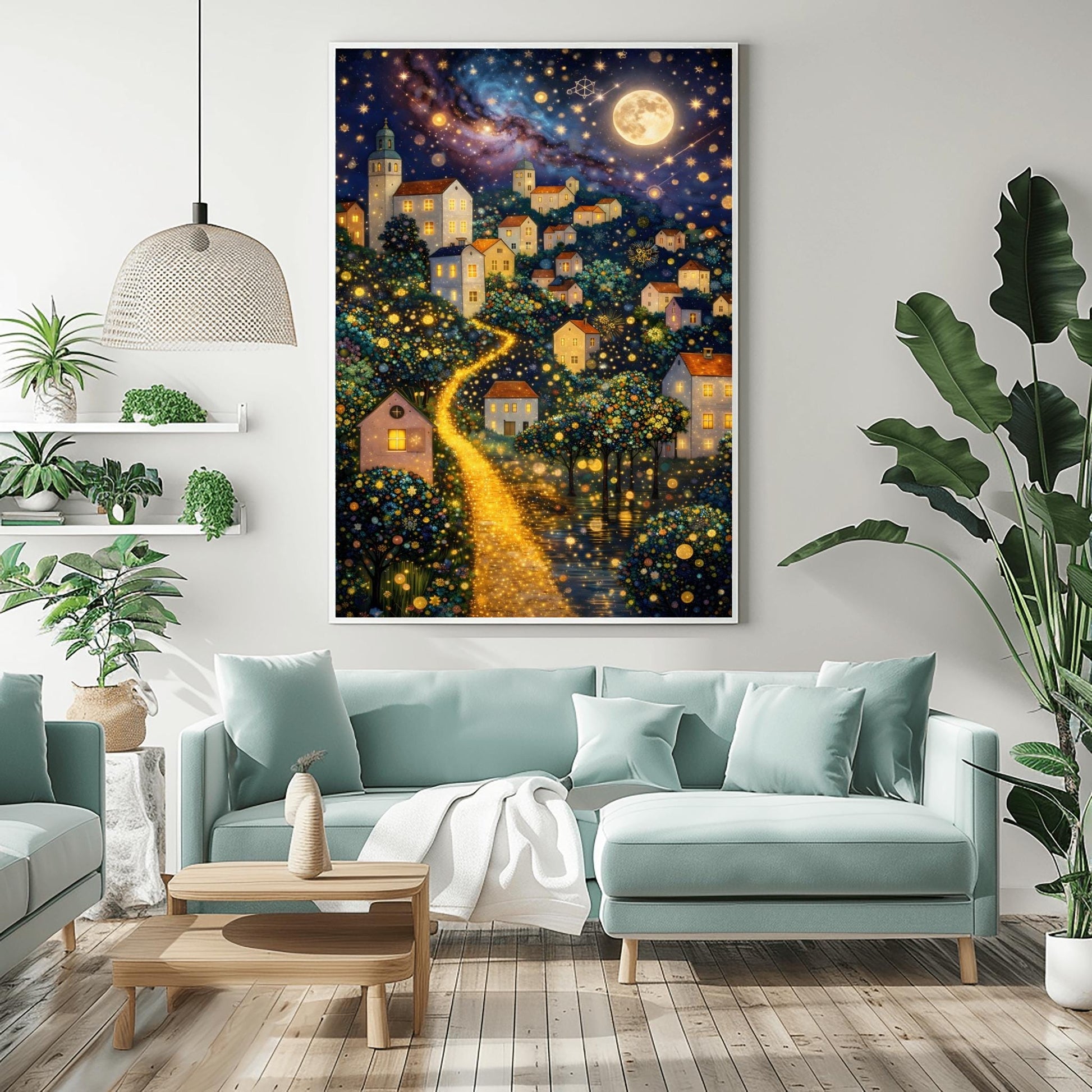 A vertical fine art painting in the style of Gustav Klimt. A hillside village with white houses and orange roofs is illuminated by a large, textured golden moon and a swirling starlit sky. A bright, glowing golden path winds through the village houses and mosaic-patterned trees. At the bottom, a dark sea reflects the shimmering lights. The style is highly decorative with gold leaf textures.
