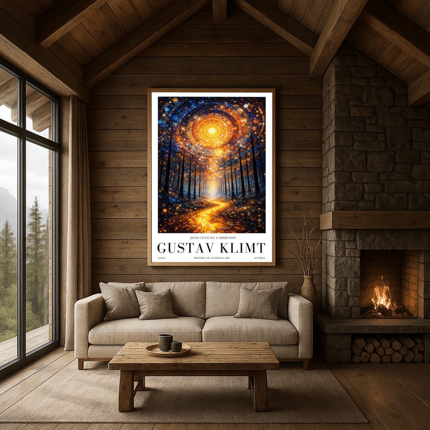 A vertical, highly detailed Art Nouveau illustration featuring a winding golden mosaic path leading through a dark forest toward a bright light. Above, a massive circular portal in the sky is made of intricate mosaic tiles in gold and blue. The scene is filled with shimmering golden stardust.
