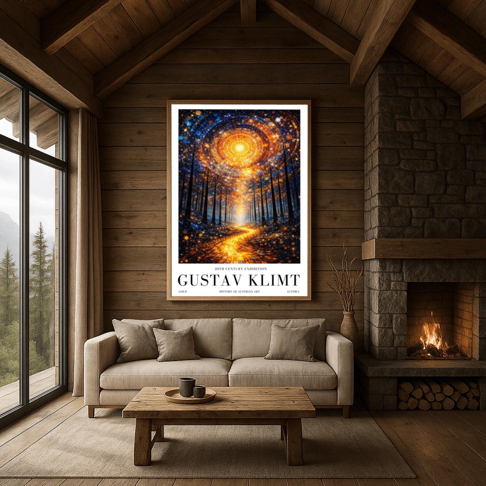 A vertical, highly detailed Art Nouveau illustration featuring a winding golden mosaic path leading through a dark forest toward a bright light. Above, a massive circular portal in the sky is made of intricate mosaic tiles in gold and blue. The scene is filled with shimmering golden stardust.