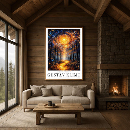 A vertical, highly detailed Art Nouveau illustration featuring a winding golden mosaic path leading through a dark forest toward a bright light. Above, a massive circular portal in the sky is made of intricate mosaic tiles in gold and blue. The scene is filled with shimmering golden stardust.