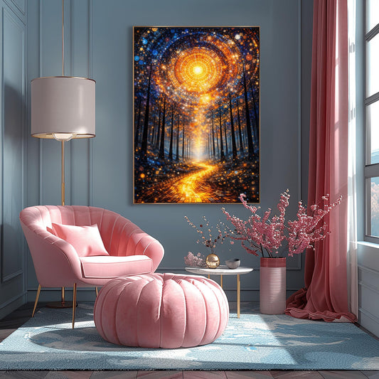A vertical, highly detailed Art Nouveau illustration featuring a winding golden mosaic path leading through a dark forest toward a bright light. Above, a massive circular portal in the sky is made of intricate mosaic tiles in gold and blue. The scene is filled with shimmering golden stardust.