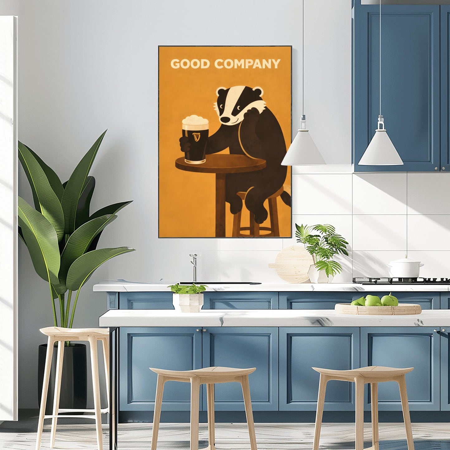 A vertical modern illustration of a cute black and white badger sitting at a round wooden bar table. The badger is leaning on one arm and holding a pint of Guinness with the other. The text "GOOD COMPANY" is written in bold at the top against a warm amber background.