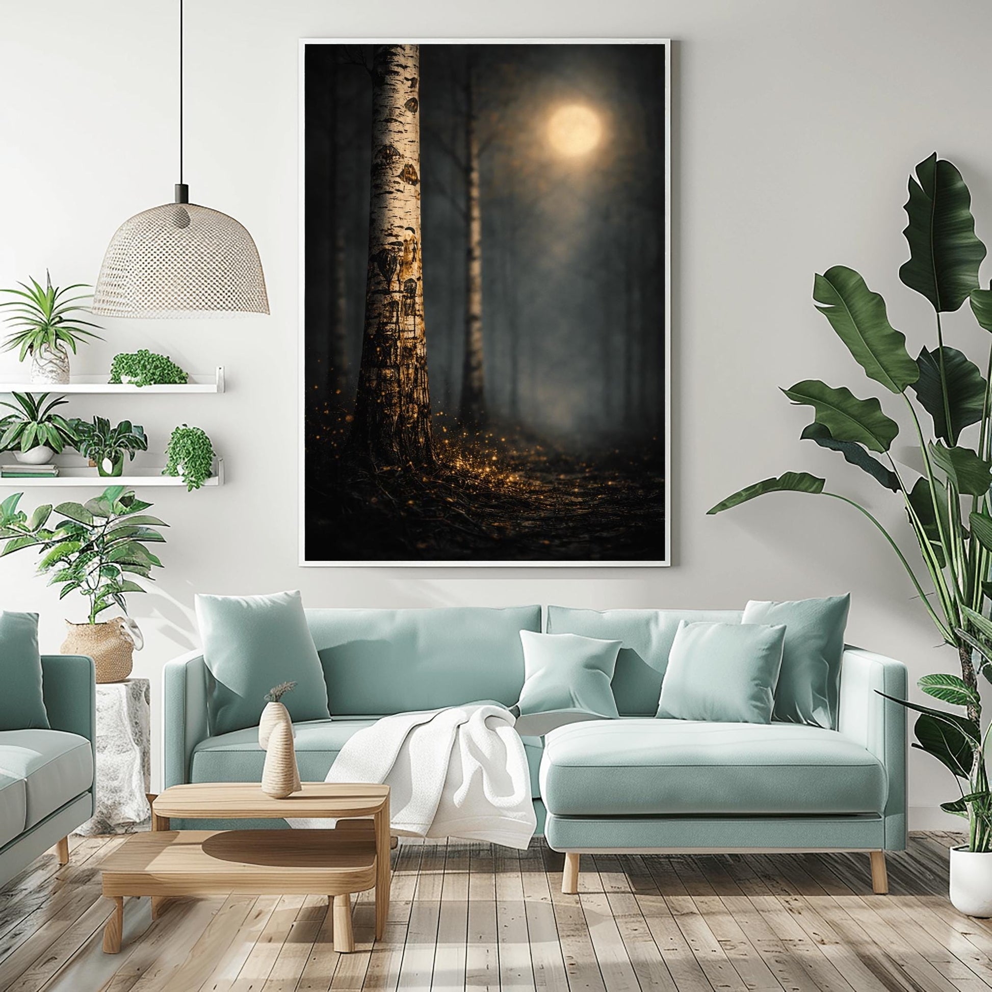A vertical Art Nouveau illustration of a close-up birch tree trunk. The bark is covered in golden mosaic-like patterns and shimmering cracks. A soft, out-of-focus golden moon glows in a dark, misty forest background, and the ground is covered in glowing golden embers.