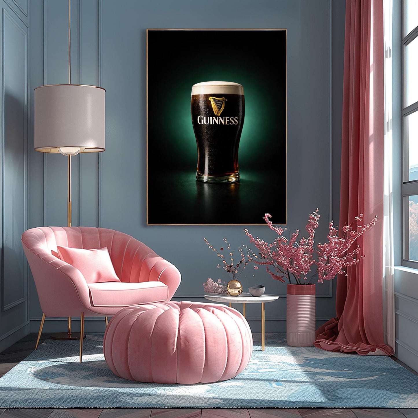 A vertical hyper-realistic photograph of a pint of Guinness centered against a dark background with a soft emerald green glow. The glass is covered in light condensation and features the gold Guinness logo. The foam is thick and white, and a slight ruby-red glow is visible at the bottom of the dark liquid.