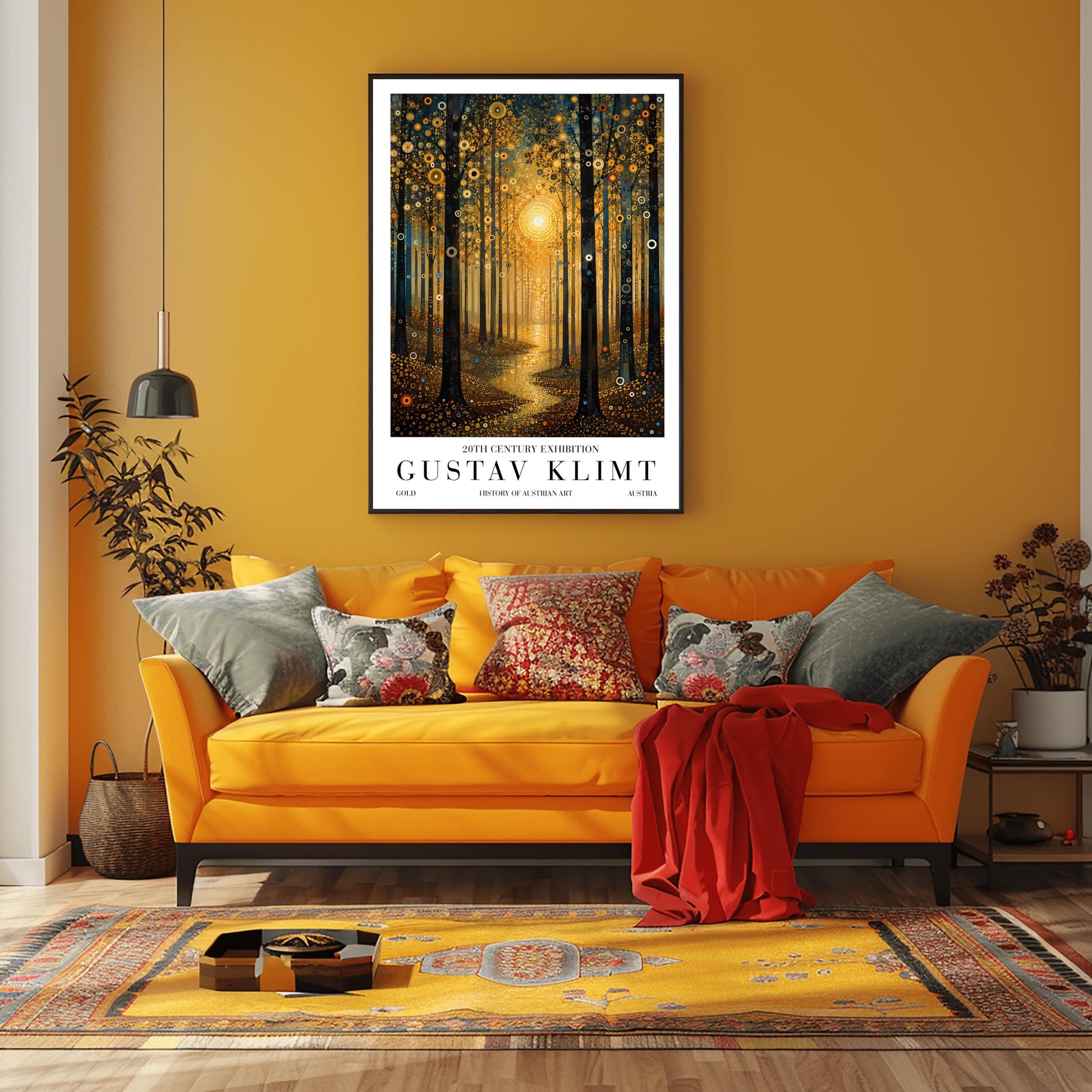 A vertical museum-style exhibition poster with a clean white border. The central illustration depicts a dense forest at sunset or sunrise in the decorative style of Gustav Klimt. A large, bright golden sun made of mosaic rings radiates in the center, casting a glowing path of liquid gold along a winding trail. Tall, dark tree trunks frame the composition, and the leaves and ground are covered in intricate golden spirals, target symbols, and circular patterns with small teal accents.