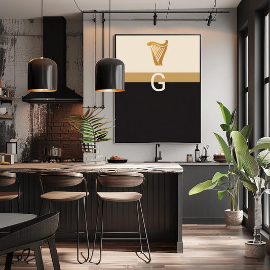 A vertical minimalist graphic art print. The top half is cream-colored with a golden harp icon at the top. A large, white serif letter "G" is centered in the middle but is split in half by a horizontal gold band. The bottom half of the poster is solid, deep black. The design is a modern, graphic tribute to the Guinness brand colors and symbols.