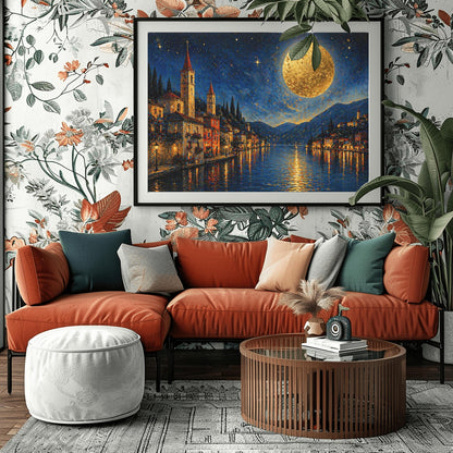 A horizontal art print in a decorative mosaic style inspired by Gustav Klimt. A charming lakeside village with warm-lit windows and tall church spires sits along the edge of dark blue water. A massive, glowing golden moon with heavy texture hangs in a starry night sky. The light from the moon and the town reflects in long, shimmering streaks on the water. The mountains in the distance are shaded in soft blues and purples.