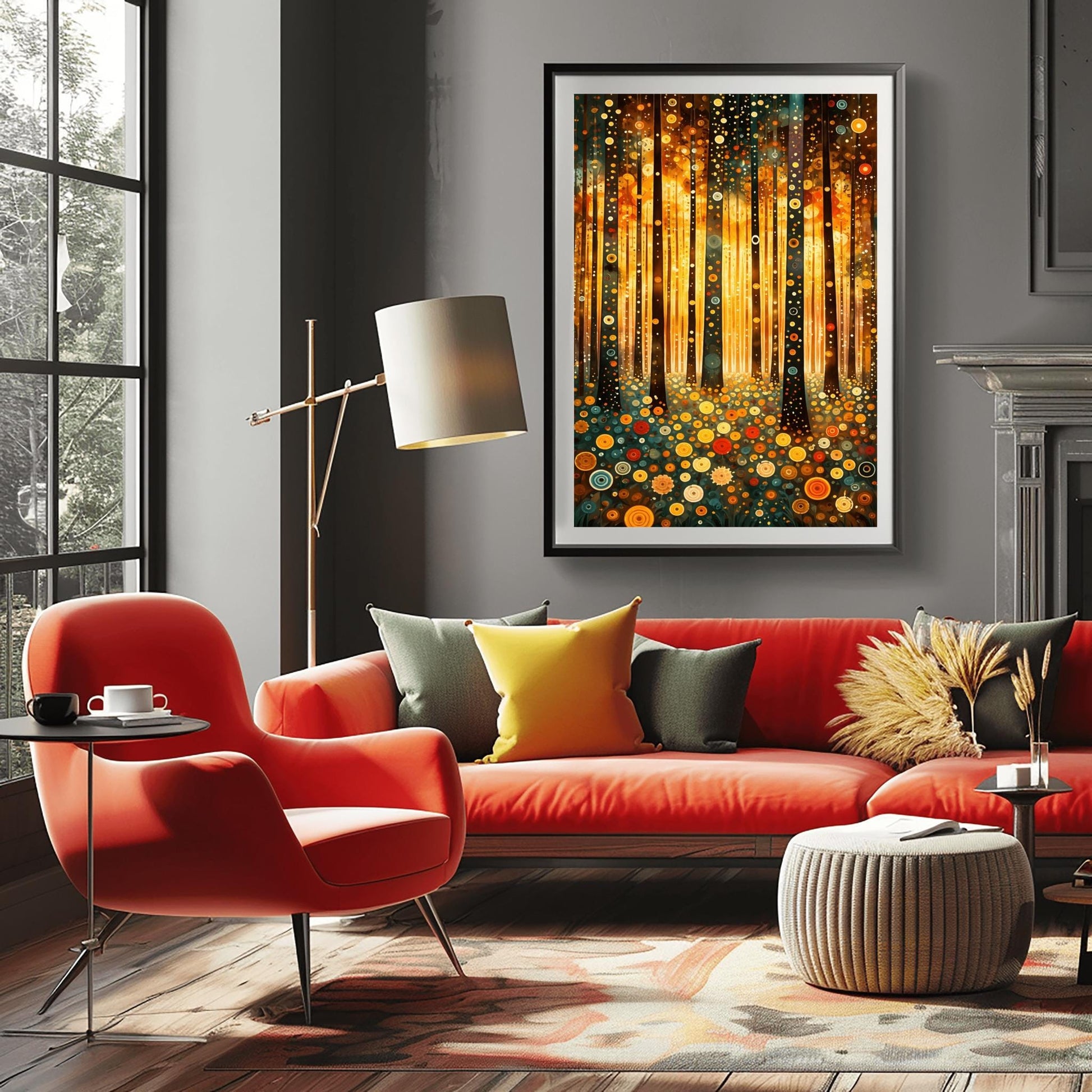 A vertical fine art print in the style of Gustav Klimt. Dark, slender tree trunks are decorated with various golden and colorful concentric circles. The forest floor is covered in similar circular floral patterns. A bright, warm golden light glows from the background, creating a high-contrast, ornate night forest scene.