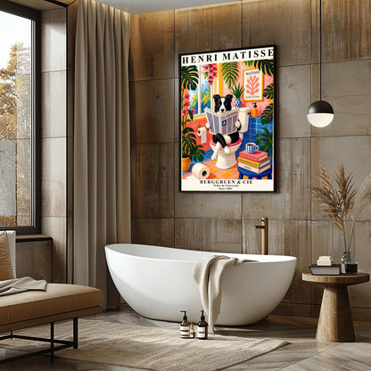 A vertical maximalist art print designed as a Henri Matisse exhibition poster. A black and white Border Collie is sitting on a white toilet with its legs crossed, holding and reading a newspaper titled "Le Journal." The bathroom is vibrantly colored with pink walls, blue wall tiles, and a pink and yellow checkered floor. The room is filled with large green tropical plants and red flowers. A stack of art books and a striped mug sit on a blue stool.