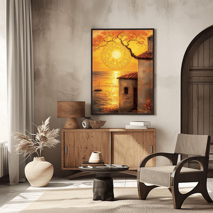 A vertical fine art print in the style of Gustav Klimt. A large, intricate golden mosaic sun hangs in an orange sky, partially framed by a dark tree branch. In the foreground, a rustic white villa with a red roof stands next to a golden sea where a small sailboat is visible. The entire scene is bathed in warm gold and amber light.