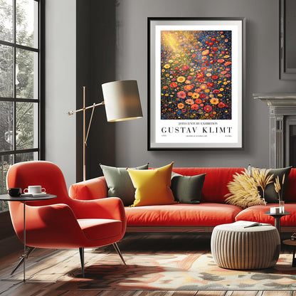 A vertical museum exhibition poster in the style of Gustav Klimt. A dense field of stylized poppies and wildflowers in coral, red, and yellow fills the frame. A bright golden sunburst glows from the top left. The background is a dark navy blue. Bold black text at the bottom reads "GUSTAV KLIMT" and "HISTORY OF AUSTRIAN ART."