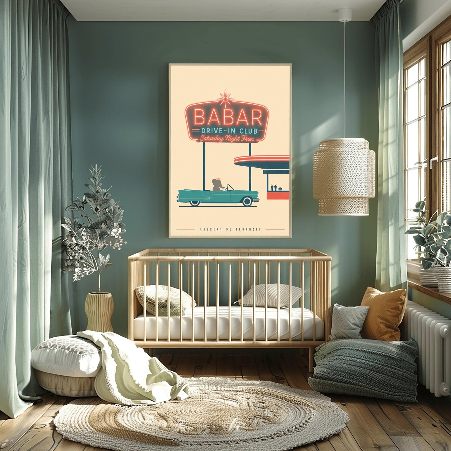 A minimalist graphic vintage-style poster on a solid cream background. At the top, a large retro neon-style sign glows with a red border and teal lettering that reads "BABAR DRIVE-IN CLUB - Saturday Night Fries". Below the sign, a silhouette of a cartoon elephant wearing a crown sits inside a classic teal 1950s convertible car. The car is parked next to a simplified red and teal drive-in order window featuring two milkshakes and a burger silhouette.