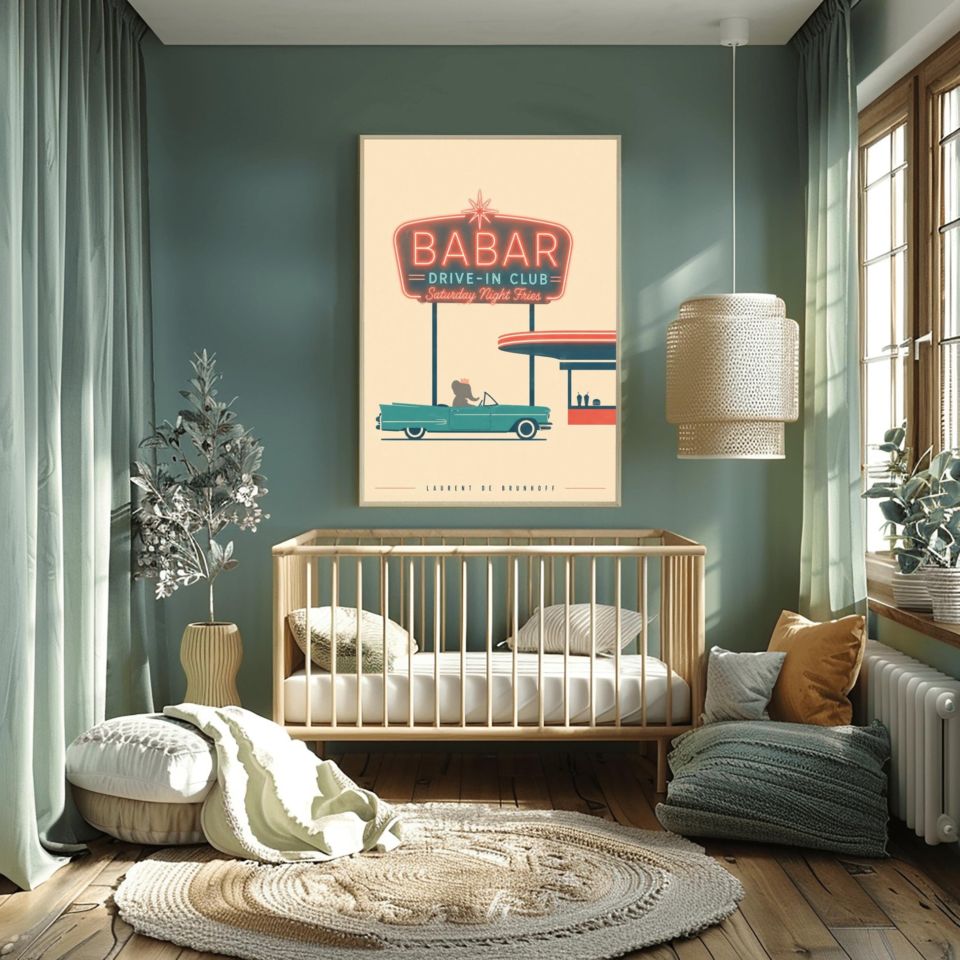 A minimalist graphic vintage-style poster on a solid cream background. At the top, a large retro neon-style sign glows with a red border and teal lettering that reads "BABAR DRIVE-IN CLUB - Saturday Night Fries". Below the sign, a silhouette of a cartoon elephant wearing a crown sits inside a classic teal 1950s convertible car. The car is parked next to a simplified red and teal drive-in order window featuring two milkshakes and a burger silhouette.