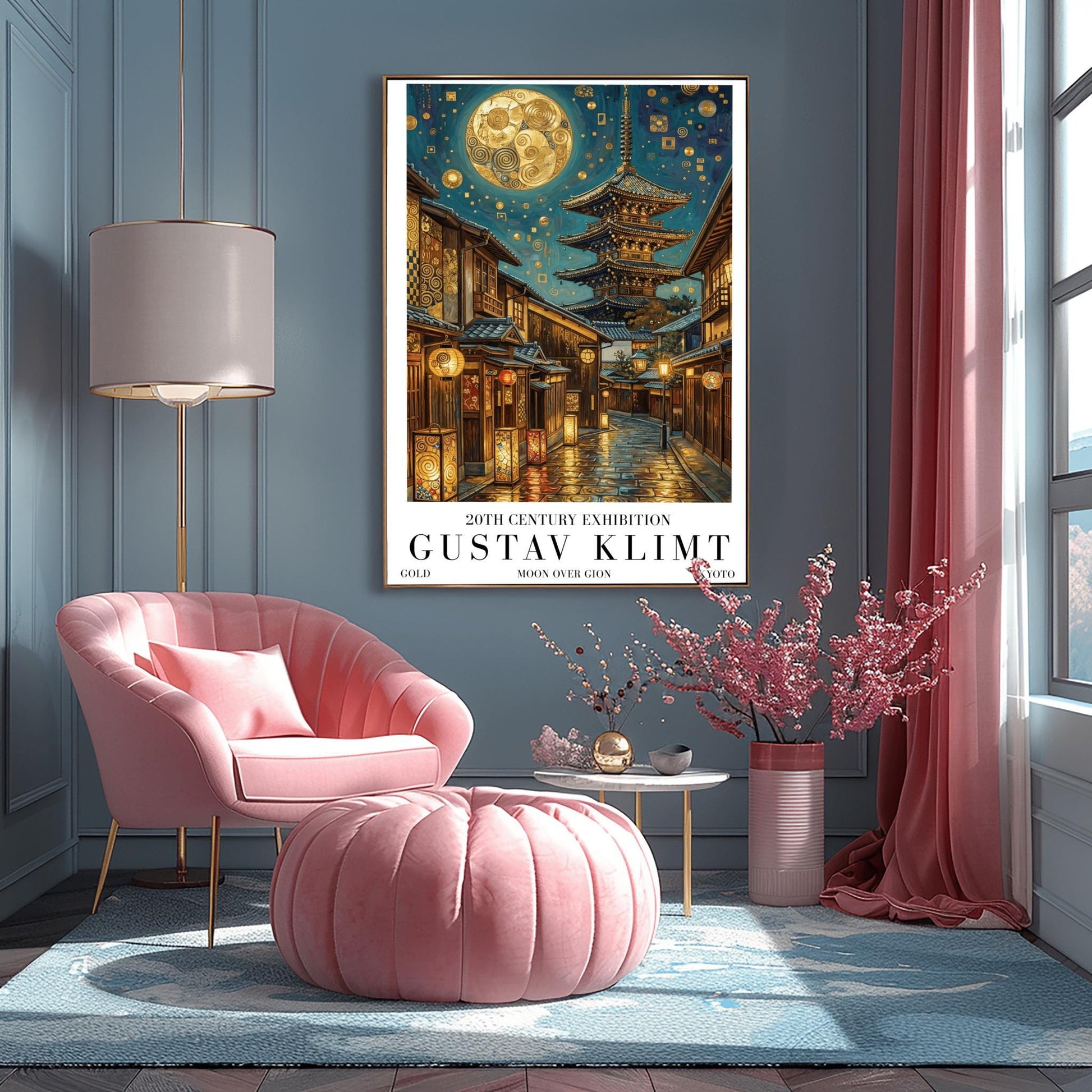 A vertical museum exhibition poster in the style of Gustav Klimt. A historic Japanese street in Gion, Kyoto, features a five-story pagoda and glowing lanterns at night. A massive golden moon with mosaic patterns fills the top of the sky. Bold black text at the bottom reads "GUSTAV KLIMT" and "MOON OVER GION."