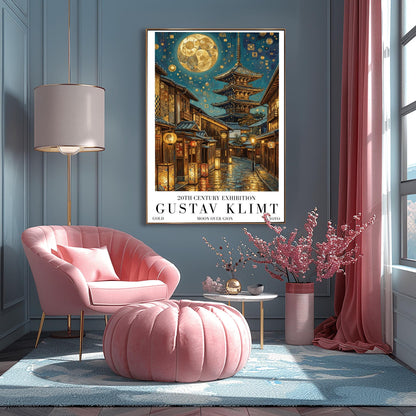 A vertical museum exhibition poster in the style of Gustav Klimt. A historic Japanese street in Gion, Kyoto, features a five-story pagoda and glowing lanterns at night. A massive golden moon with mosaic patterns fills the top of the sky. Bold black text at the bottom reads "GUSTAV KLIMT" and "MOON OVER GION."