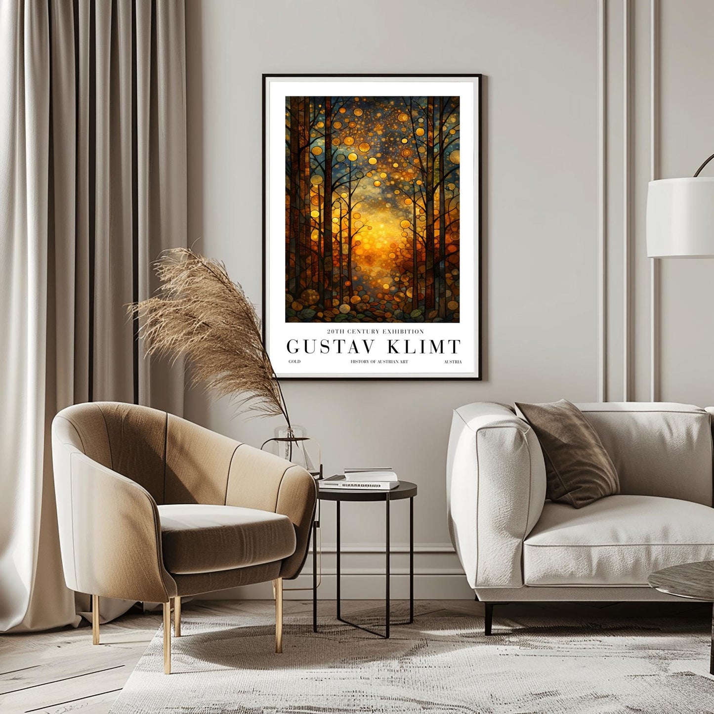 A vertical exhibition-style poster featuring a stylized forest in the style of Gustav Klimt. Slender trees with dark, leaded outlines are filled with golden and amber hues. A brilliant, warm light glows from the center forest floor. The sky is filled with circular mosaic patterns and golden stardust. The bottom features white margins with bold text reading "GUSTAV KLIMT."