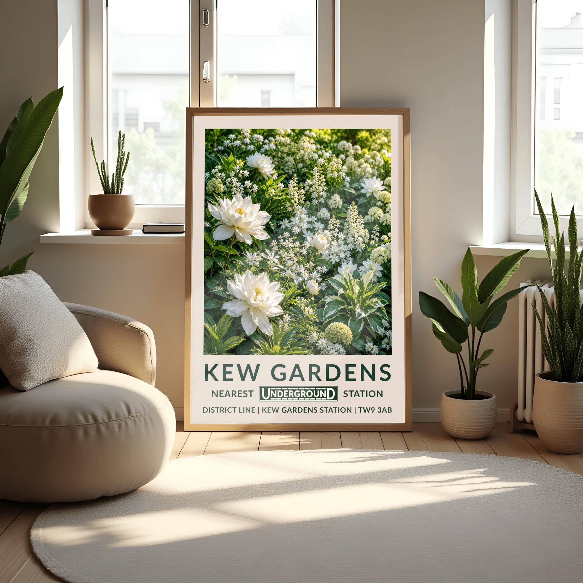 A vertical retro London Underground travel poster for Kew Gardens on a wide cream border. The top image shows a close-up, highly detailed illustration of a dense summer garden border entirely filled with white flowers. Two large, fully bloomed white dahlias with soft yellow centers dominate the lower left side. The background is packed with starry white wildflowers, vertical white flower spires, round chartreuse hydrangeas, and variegated green-and-white leaves.