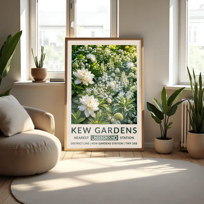 A vertical retro London Underground travel poster for Kew Gardens on a wide cream border. The top image shows a close-up, highly detailed illustration of a dense summer garden border entirely filled with white flowers. Two large, fully bloomed white dahlias with soft yellow centers dominate the lower left side. The background is packed with starry white wildflowers, vertical white flower spires, round chartreuse hydrangeas, and variegated green-and-white leaves.