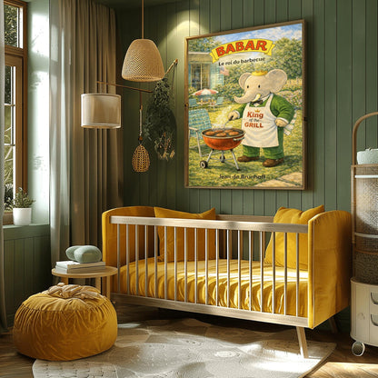 A vertical children's illustration poster titled "BABAR: Le roi du barbecue." King Babar, in a green suit and crown, stands in a sunny backyard wearing a white apron that says "King of the Grill." He is using a spatula to flip burgers on a red charcoal grill. The background shows a lush green lawn, retro patio chairs, a striped umbrella, and an American flag hanging from a house in the distance. The name "Jean de Brunhoff" is at the bottom.