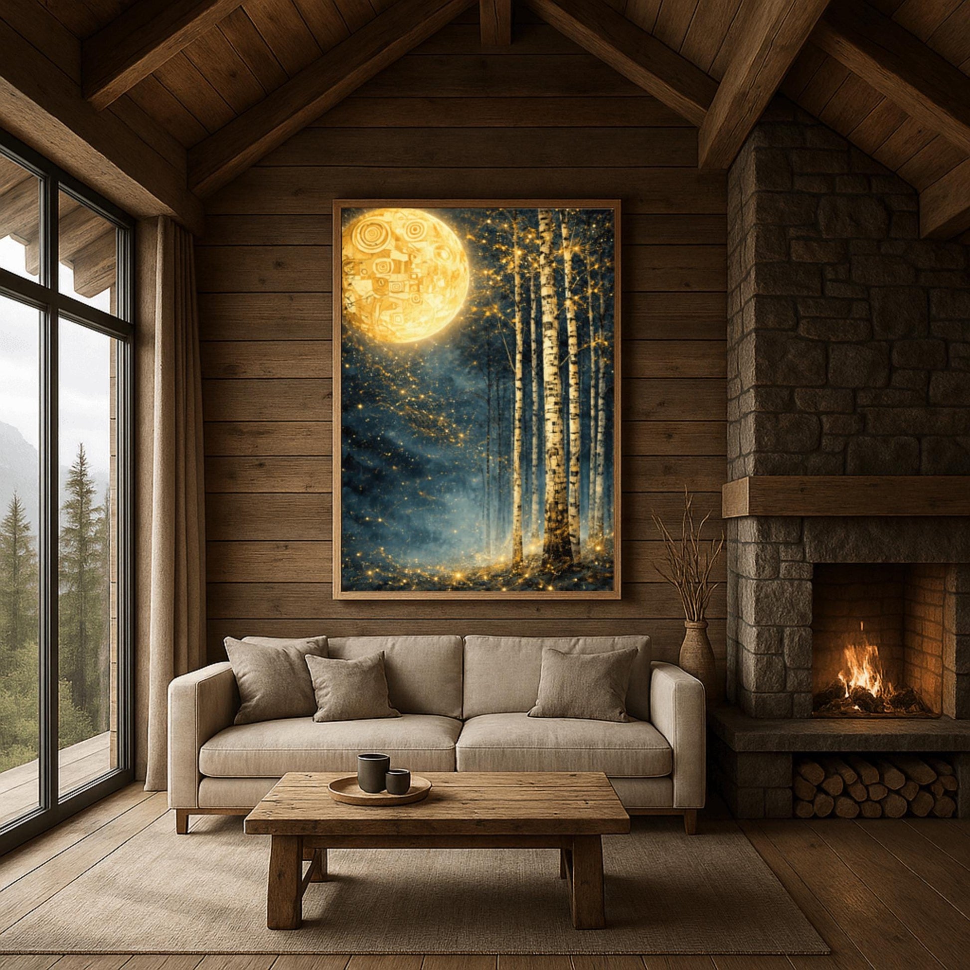 A vertical Art Nouveau illustration in the style of Gustav Klimt. A large, patterned golden moon sits in the upper left corner of a dark, misty teal forest. Slender birch trees stand on the right, while a swirl of golden stardust flows across the center.