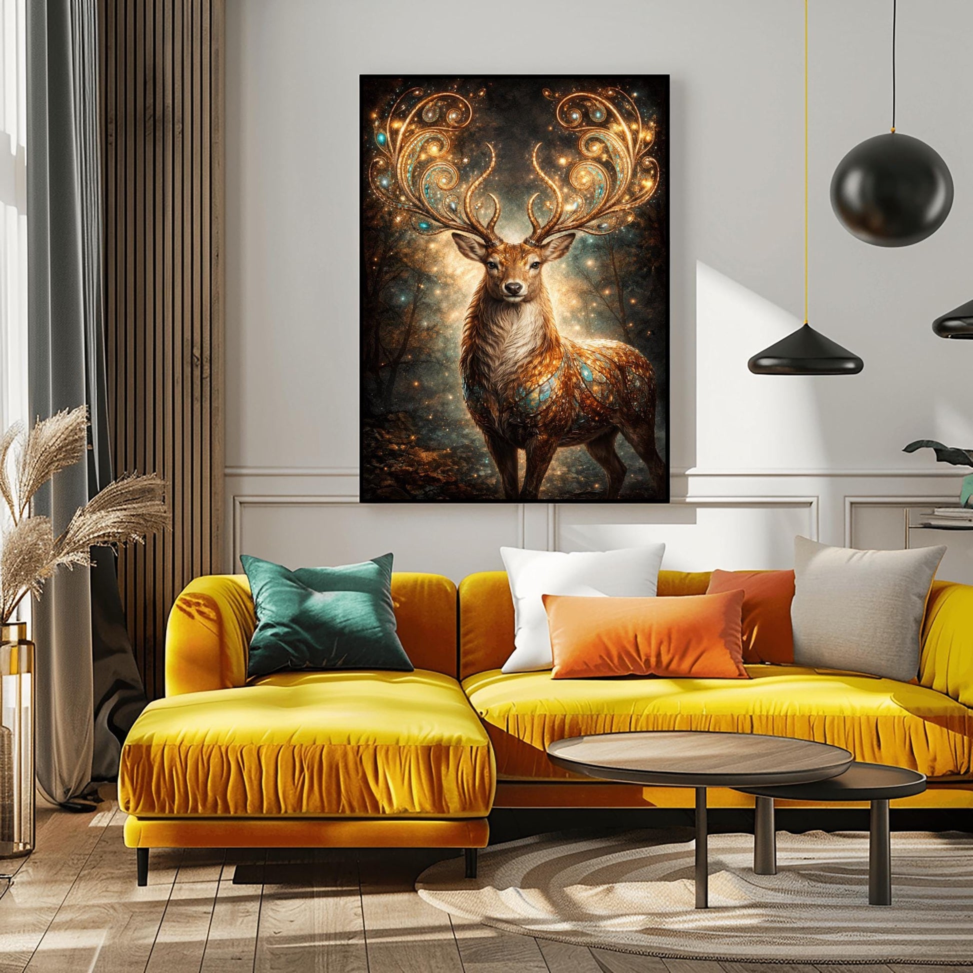 A vertical full-bleed illustration of a stag in the style of Gustav Klimt. The stag has massive, swirling golden antlers decorated with glowing gems. Its body is a mosaic of gold and turquoise. It stands in a misty, dark forest filled with golden sparks and floating embers.
