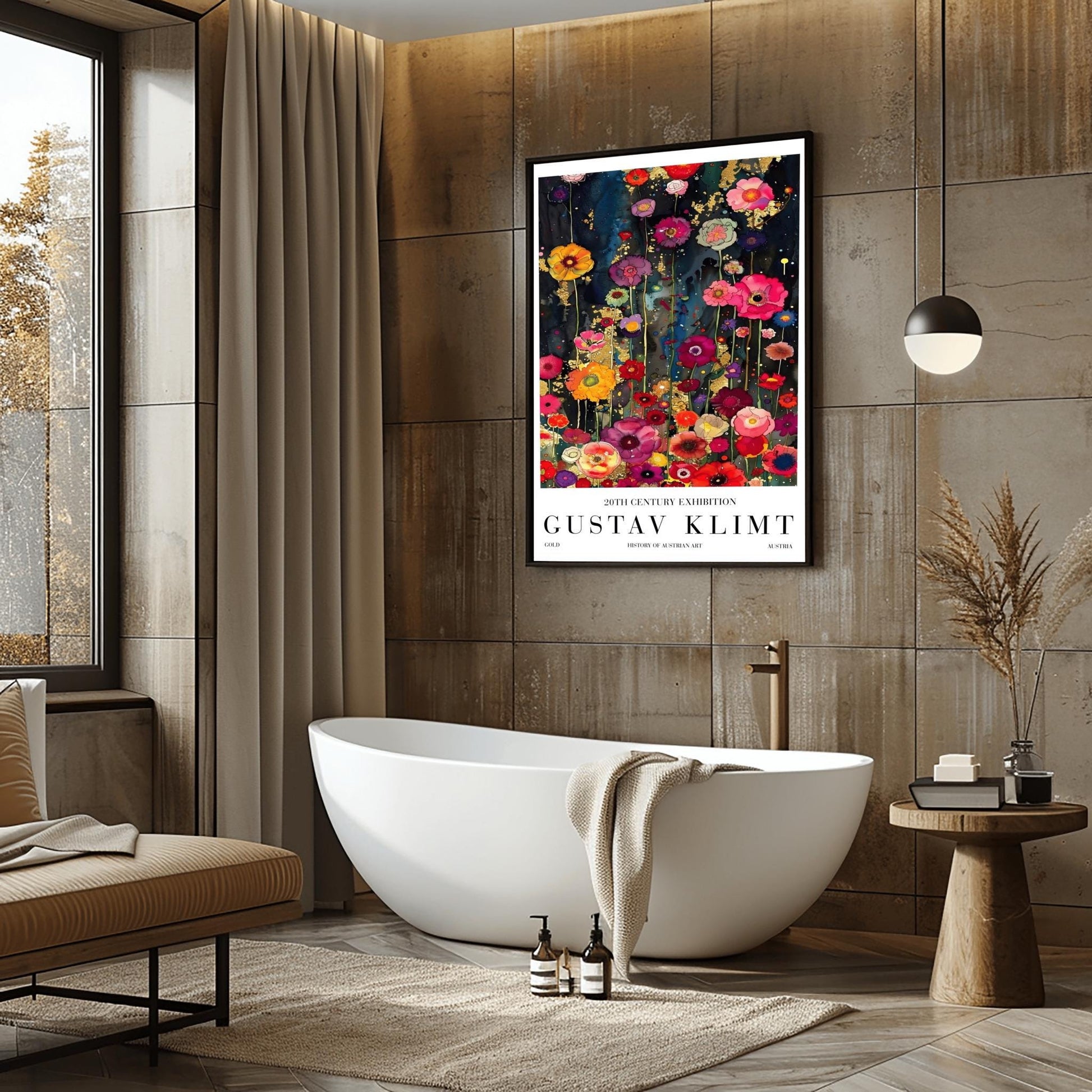 A vertical, highly detailed painting in the style of Gustav Klimt. A dense field of vibrant wildflowers in red, pink, orange, and purple grows against a dark indigo and black background. Shimmering gold-leaf patterns and "rain" effects are woven throughout the flowers. The style is rich in texture with a mosaic-like quality and heavy gold accents.